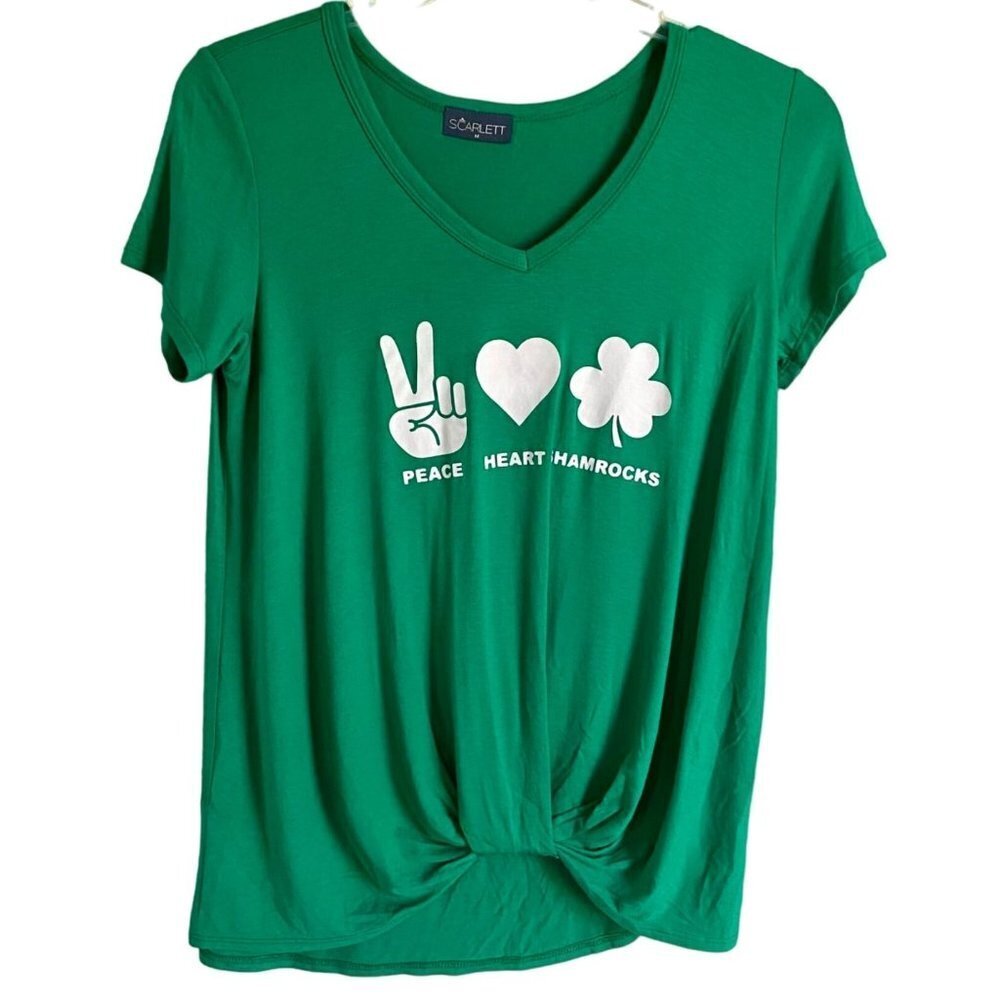 Scarlett Short Sleeve Green Tee Shirt Irish Peace Heart Shamrocks Women's Medium